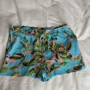 Silk Blue Tropical Print Drawstring Shorts
